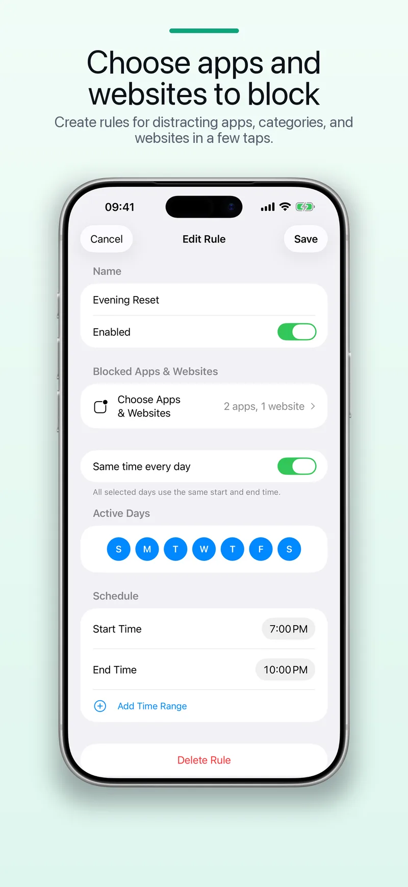 Downtime app and website selection screen