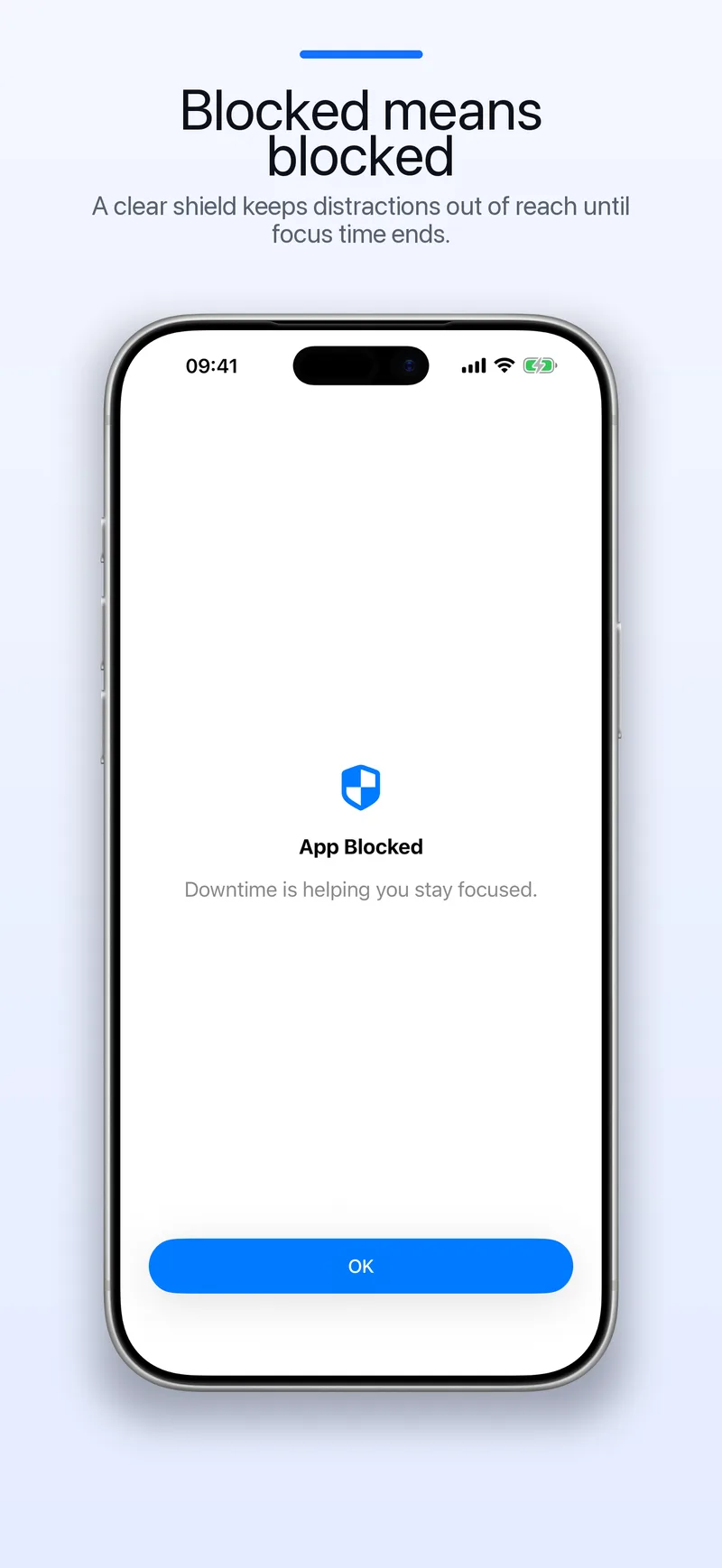 Downtime shield screen shown when an app is blocked