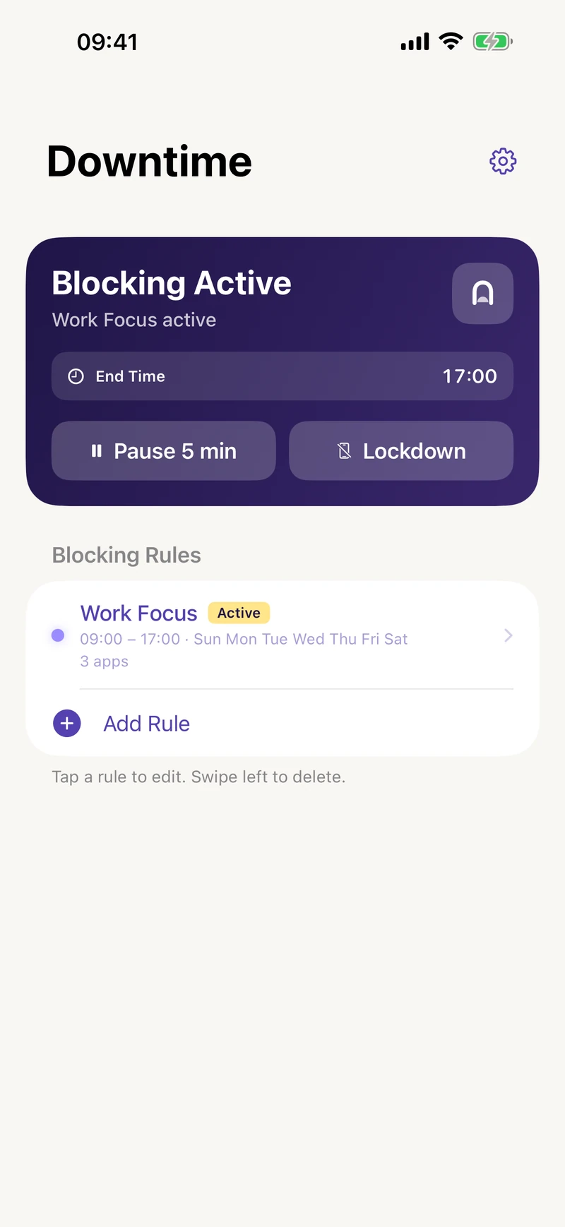 Downtime with Work Focus blocking active, an end time of 17:00, and Pause and Lockdown controls