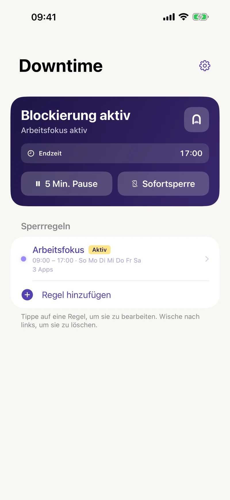 Downtime mit aktiver Arbeitsfokus-Sperre bis 17 Uhr sowie Schaltflächen für Pause und Sofortsperre