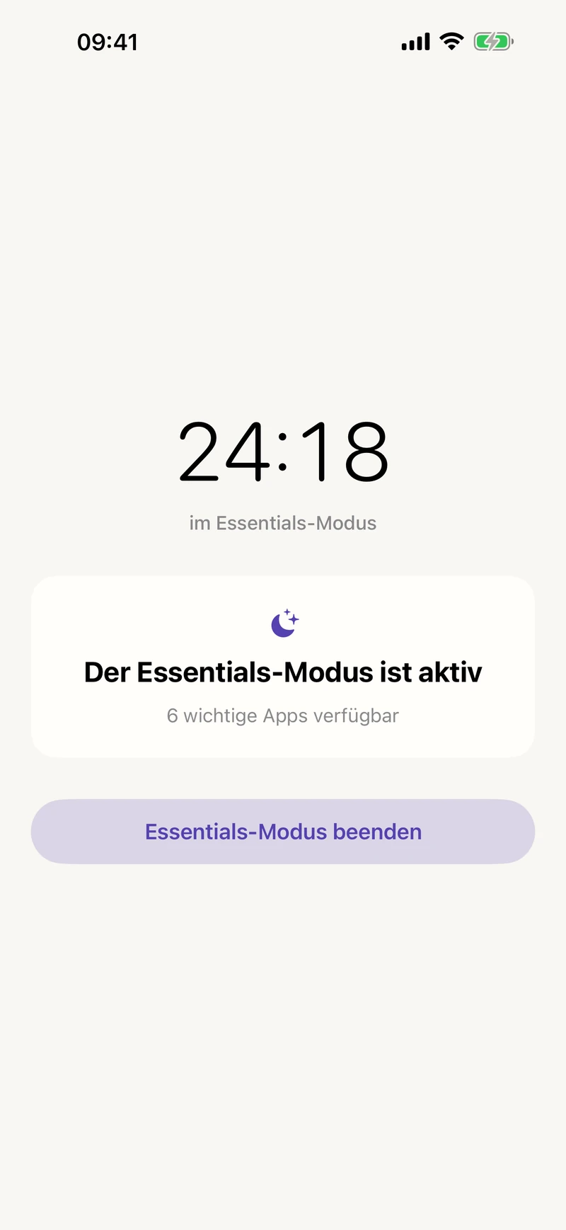 Essentials-Modus seit 24 Minuten aktiv, sechs wichtige Apps verfügbar und eine Schaltfläche zum Beenden