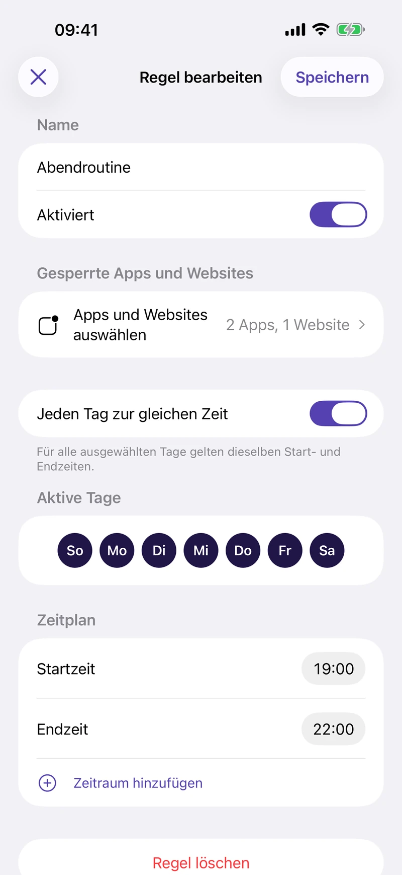 Eine Abendregel mit App- und Website-Auswahl, aktiven Tagen und einem Zeitraum von 19 bis 22 Uhr