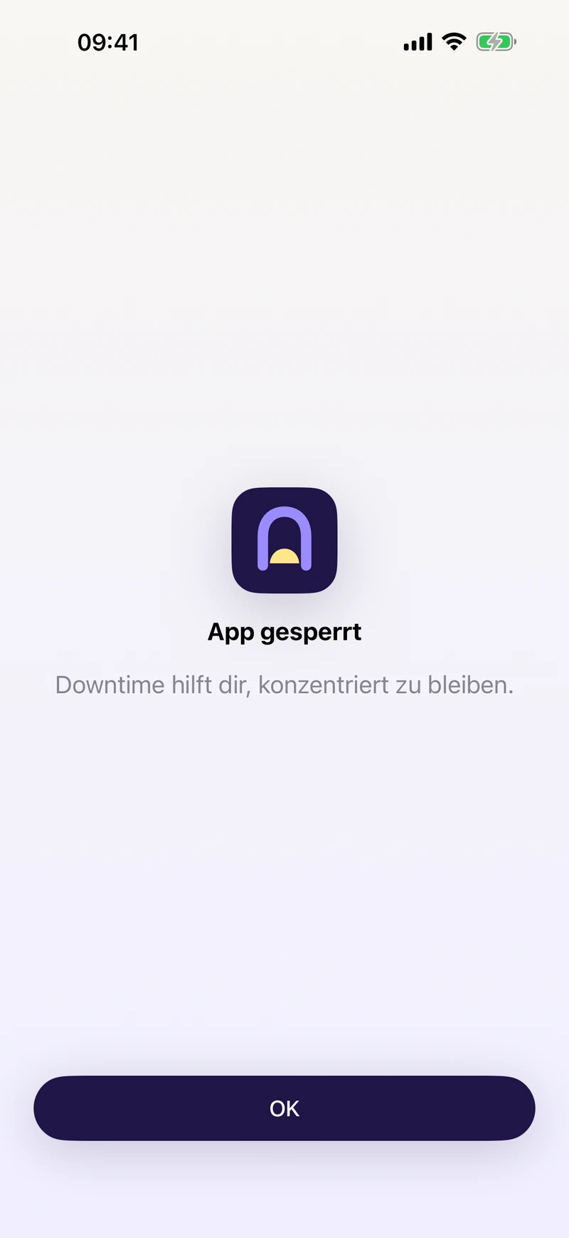 Bildschirmzeit-Sperrbildschirm im Downtime-Design mit der Meldung „App blockiert“