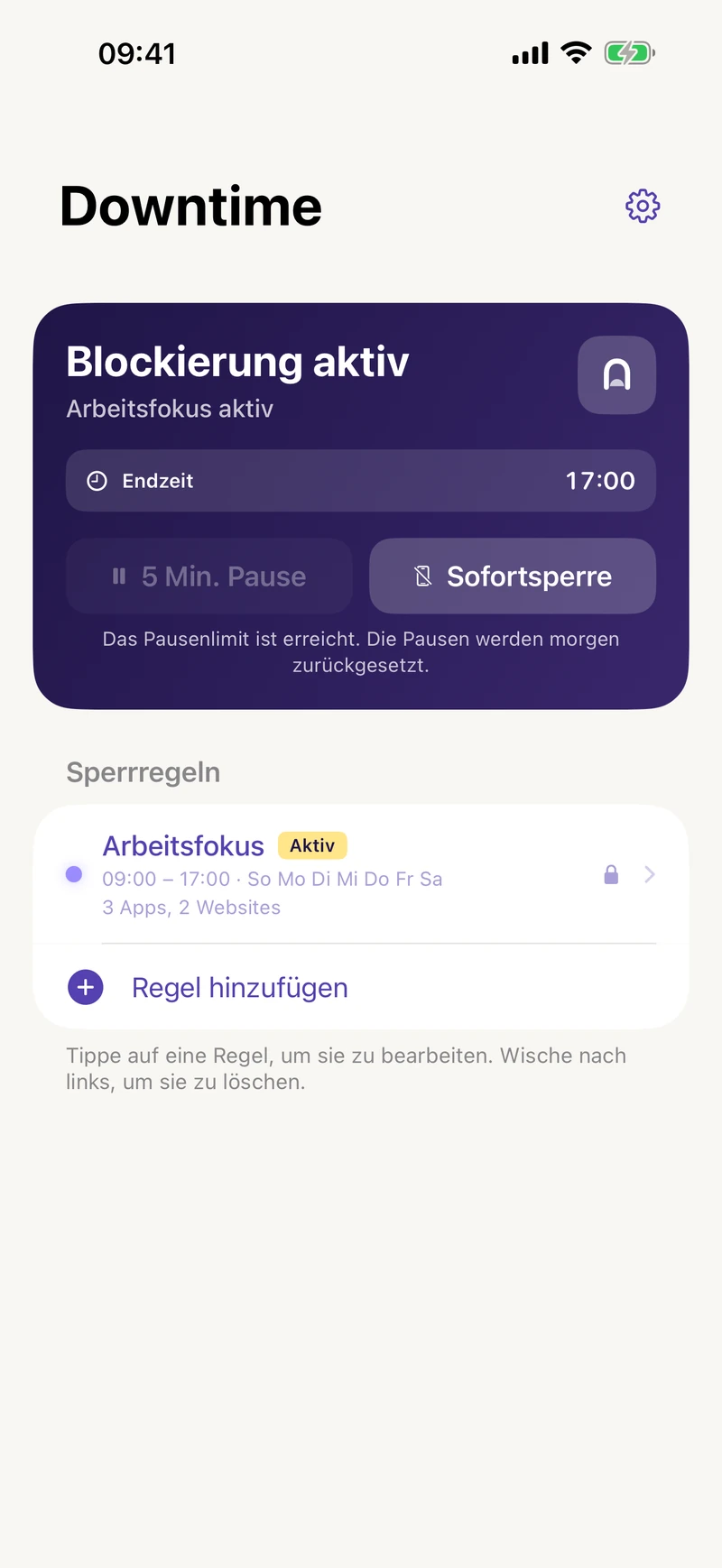 Geschützte Arbeitsfokus-Regel mit aktiver Sperre und ausgeschöpftem täglichem Pausenkontingent