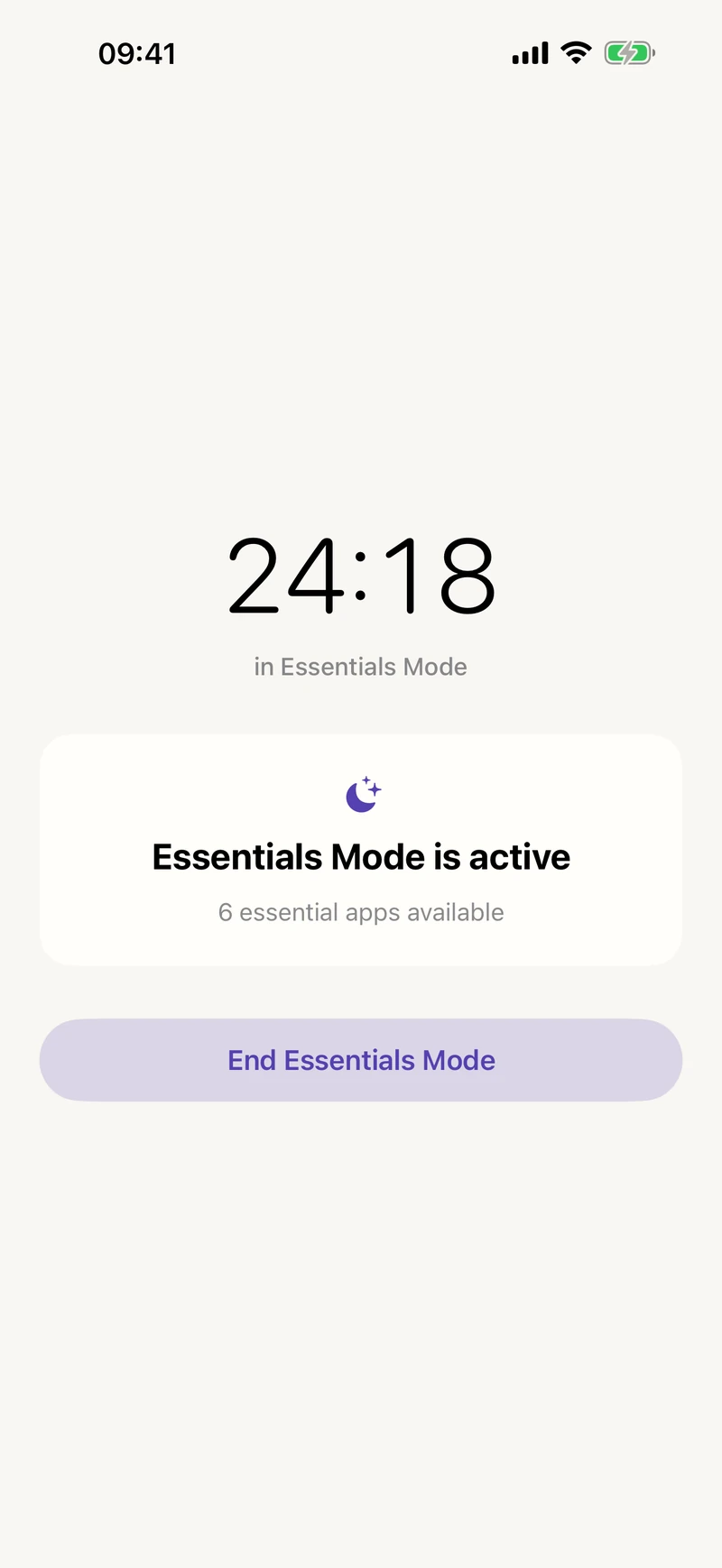 Essentials Mode active for 24 minutes with six essential apps available and a control to end the mode