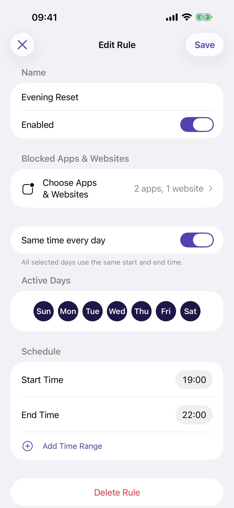 An Evening Reset rule with app and website selection, active days, and a 19:00 to 22:00 time range