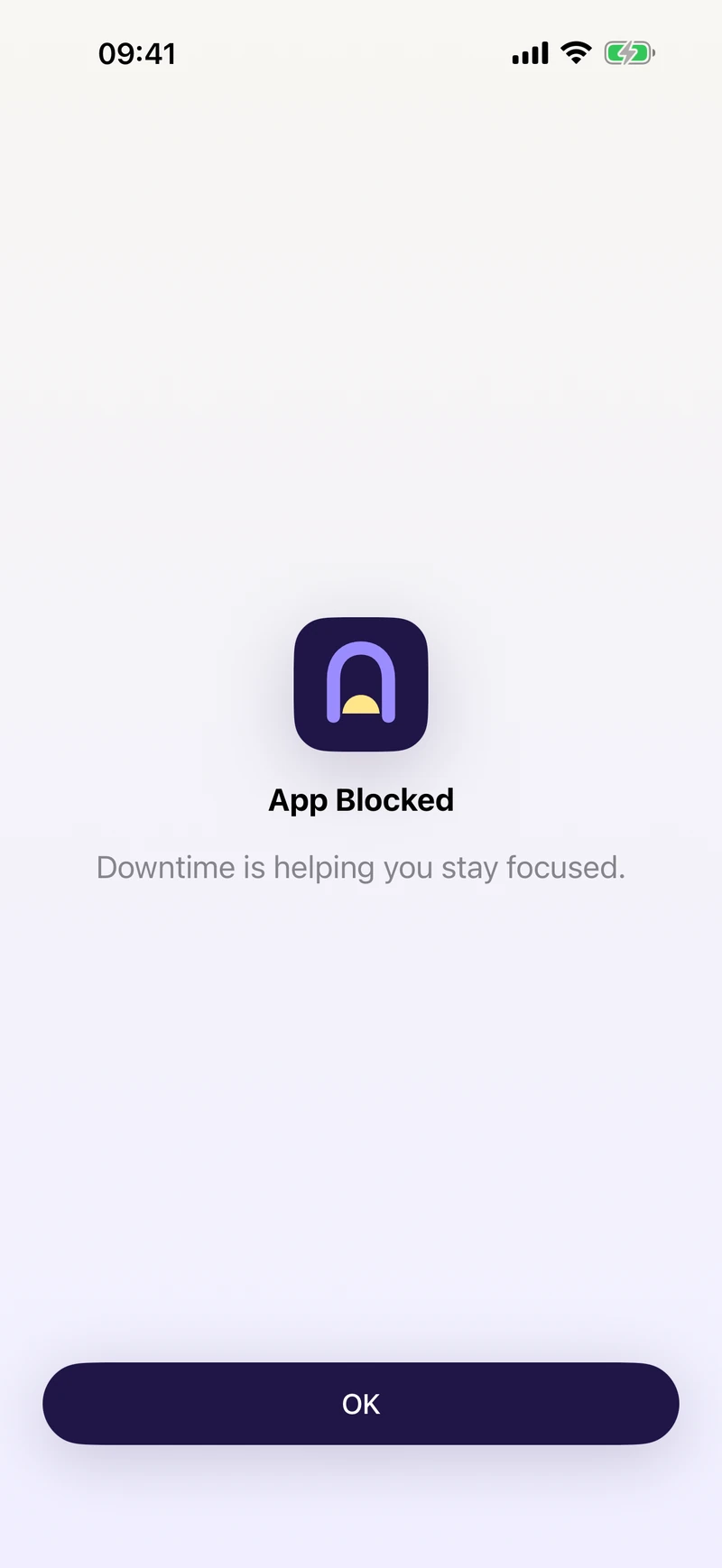 Downtime’s branded Screen Time shield with an App Blocked message