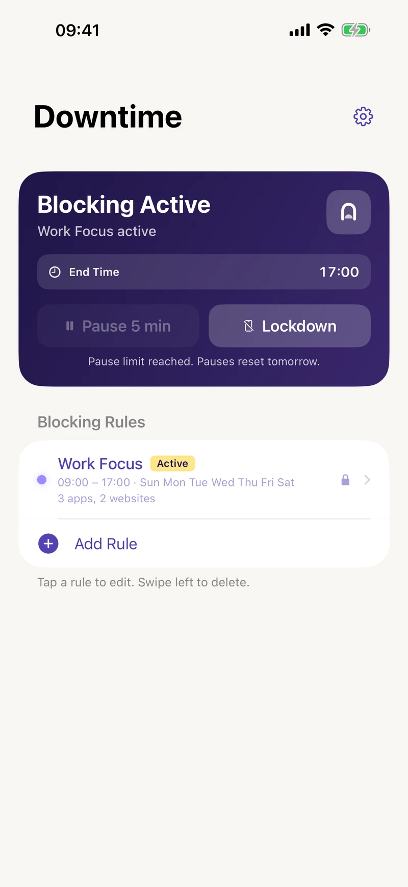 A protected Work Focus rule with blocking active and the daily pause allowance used up