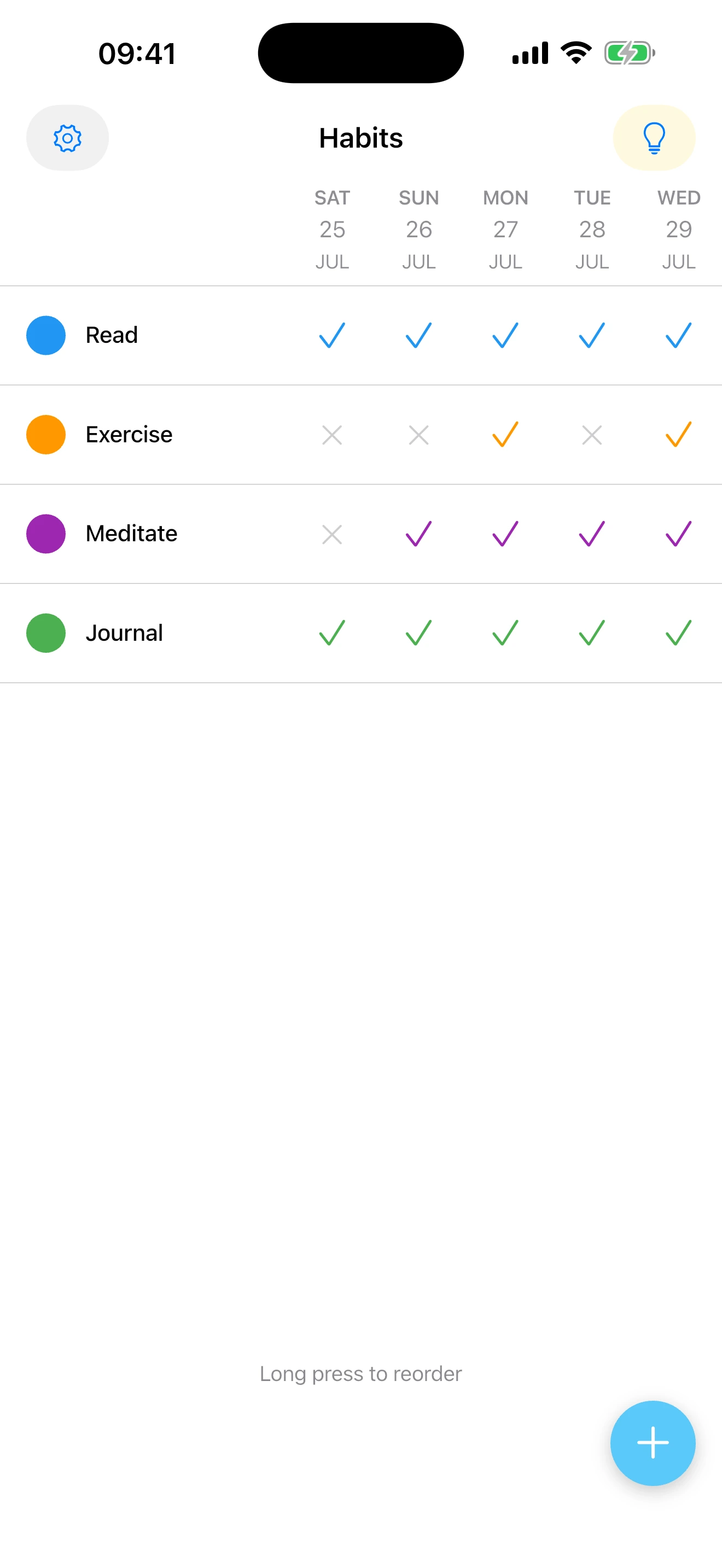 Calm weekly habit overview with one-tap check-ins